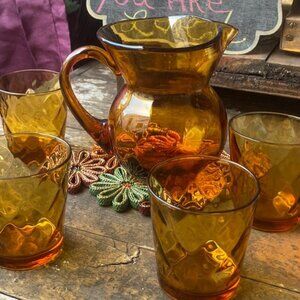 Vintage Hazel Atlas Amber Glass Juice Set 1 Pitcher 4 Glasses Retro 1970s